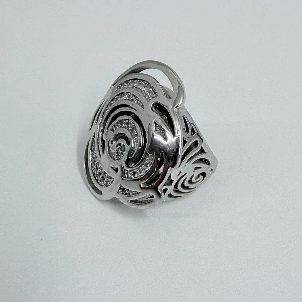Lauren G Adams Silver Tone Metal Rose CZ Ring LGA Daisy Enamel Size 6 3/4 7